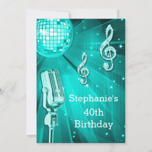Teal Disco Ball and Retro Microphone 40th Birthday Invitation