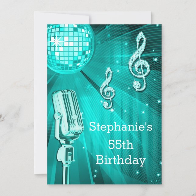 Teal Disco Ball and Retro Microphone 55th Birthday Invitation (Front)