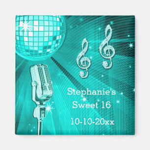 Teal Disco Ball and Retro Microphone Sweet 16 Magnet