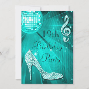 Teal Disco Ball and Sparkle Heels 19th Birthday Invitation