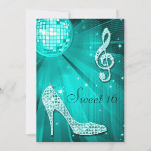 Teal Disco Ball and Sparkle Heels Sweet 16 Invitation