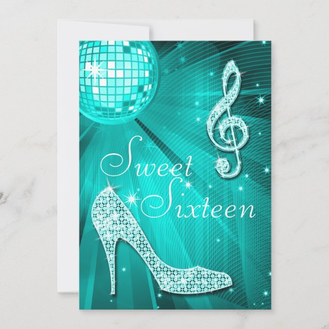 Teal Disco Ball and Sparkle Heels Sweet 16 Invitation (Front)