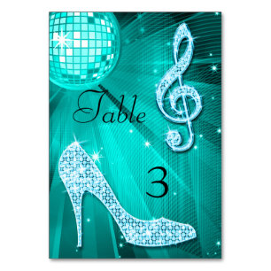 Teal Disco Ball and Stiletto Shoe Double Sided Table Number