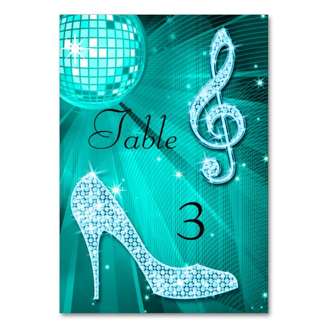 Teal Disco Ball and Stiletto Shoe Double Sided Table Number (Back)