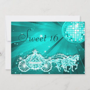 Teal Disco Ball, Princess Coach & Horses Sweet 16 Invitation