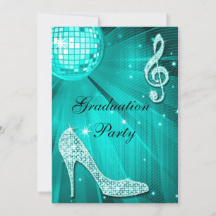Teal Disco Ball Sparkle Heels Graduation Invitation