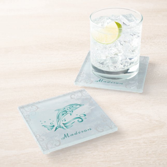 Teal Dolphin Personalised Glass Coaster (Angled)