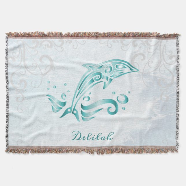 Teal Dolphin Personalised Throw Blanket (Front)