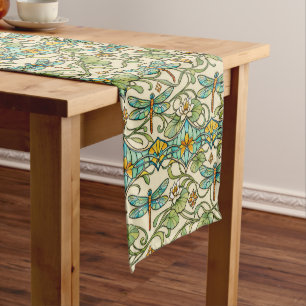 Teal Dragonfly Art Nouveau Botanical Illustration Short Table Runner