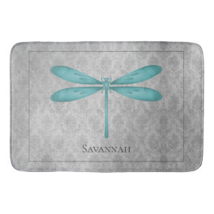 Teal Dragonfly Damask Bath Mat