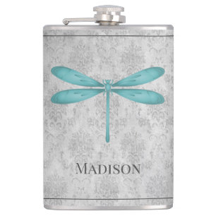 Teal Dragonfly Damask Flask