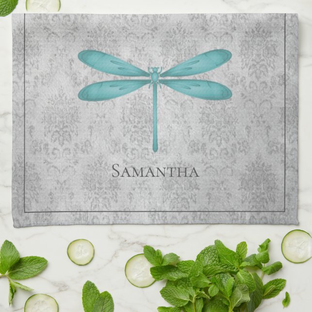 Teal Dragonfly Damask Tea Towel (Folded)