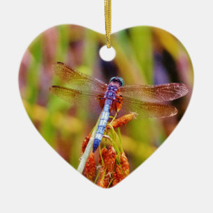 Teal Dragonfly on sedge Ceramic Tree Decoration