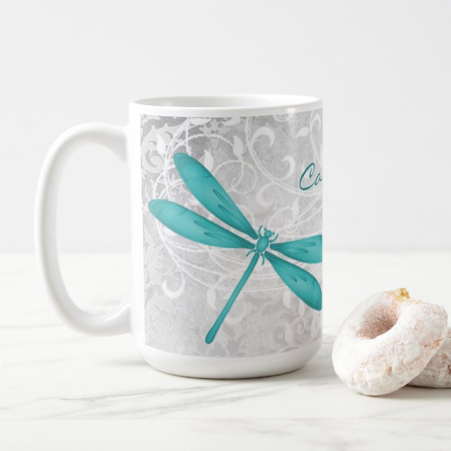 Teal Dragonfly Personalised Coffee Mug (With Donut)