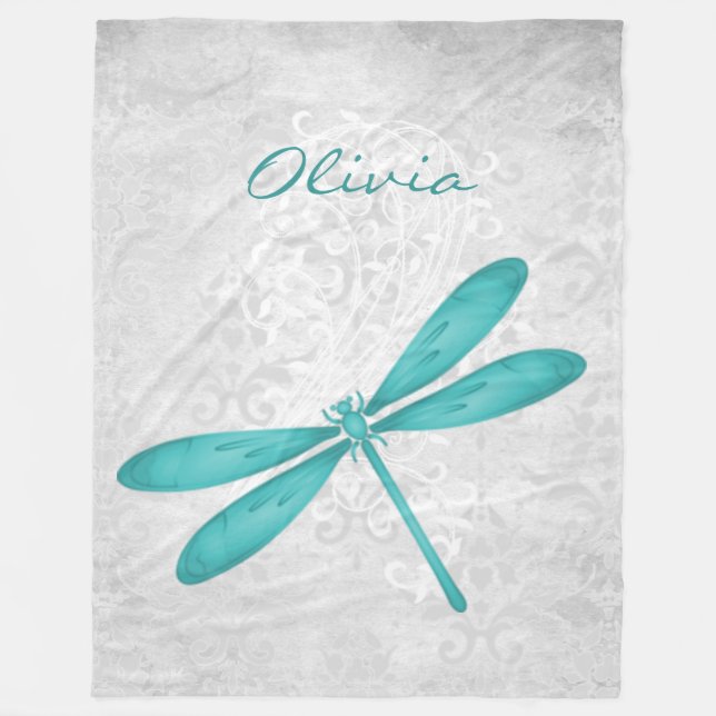 Teal Dragonfly Personalised Fleece Blanket (Front)