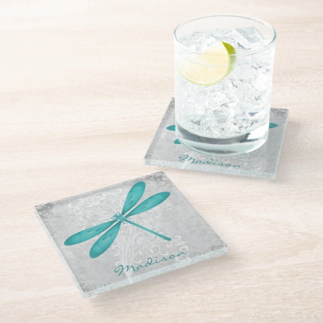 Teal Dragonfly Personalised Glass Coaster (Angled)
