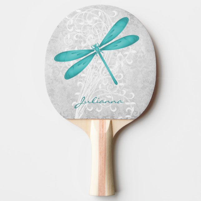 Teal Dragonfly Personalised Ping Pong Paddle (Front)