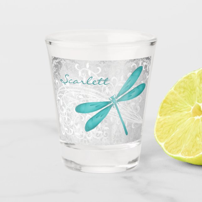 Teal Dragonfly Personalised Shot glass (Front)