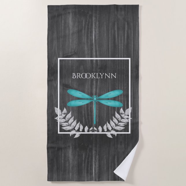 Teal Dragonfly Rustic Beach Towel (Front)