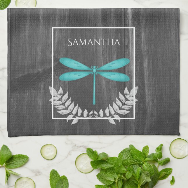 Teal Dragonfly Rustic Kitchen Towel (Folded)