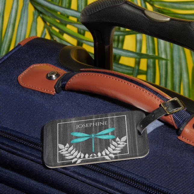 Teal Dragonfly Rustic Luggage Tag (Front Insitu 3)