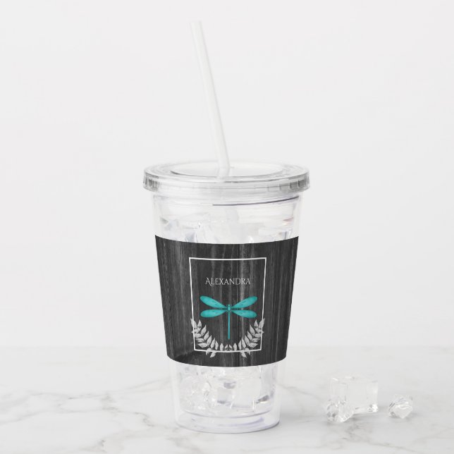 Teal Dragonfly Rustic Personalised Acrylic Tumbler (Front Ice)