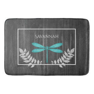 Teal Dragonfly Rustic Personalised Bath Mat