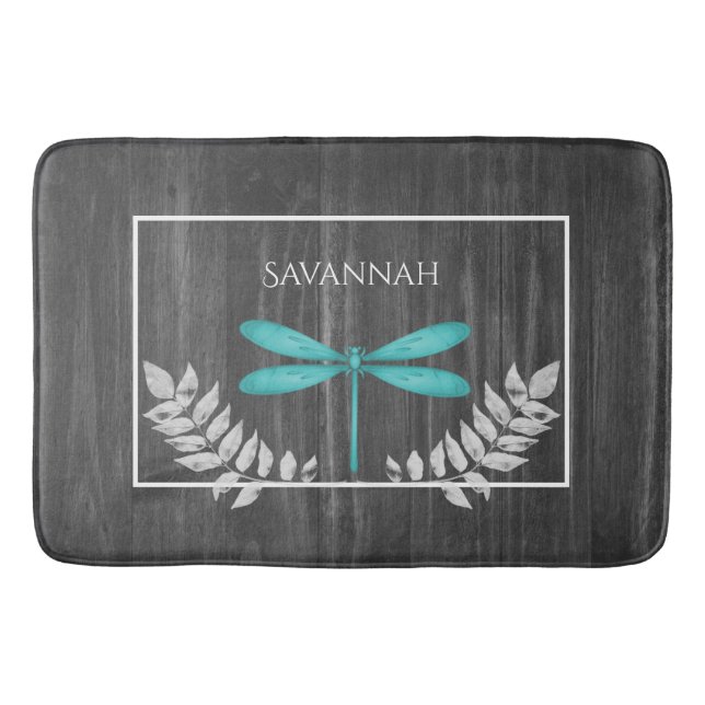 Teal Dragonfly Rustic Personalised Bath Mat (Front)