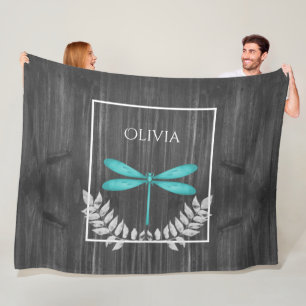 Teal Dragonfly Rustic Personalised Fleece Blanket