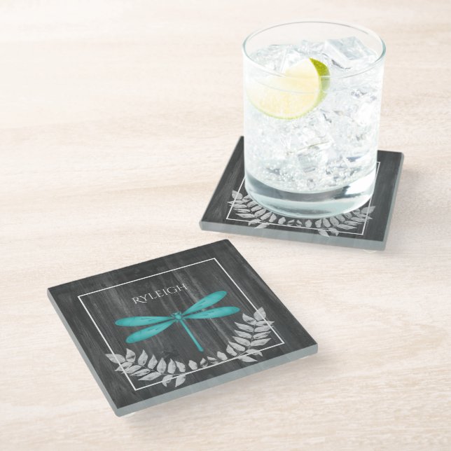 Teal Dragonfly Rustic Personalised Glass Coaster (Angled)