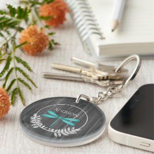 Teal Dragonfly Rustic Personalised Keychain