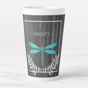 Teal Dragonfly Rustic Personalised Latte Mug