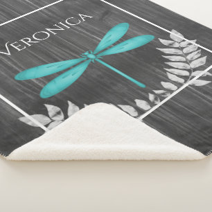 Teal Dragonfly Rustic Personalised Sherpa Blanket