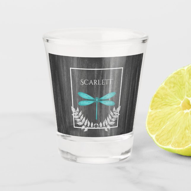 Teal Dragonfly Rustic Personalised Shot Glass (Front)