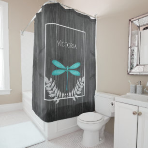 Teal Dragonfly Rustic Personalised Shower Curtain