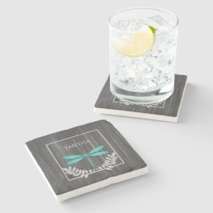 Teal Dragonfly Rustic Personalised Stone Coaster