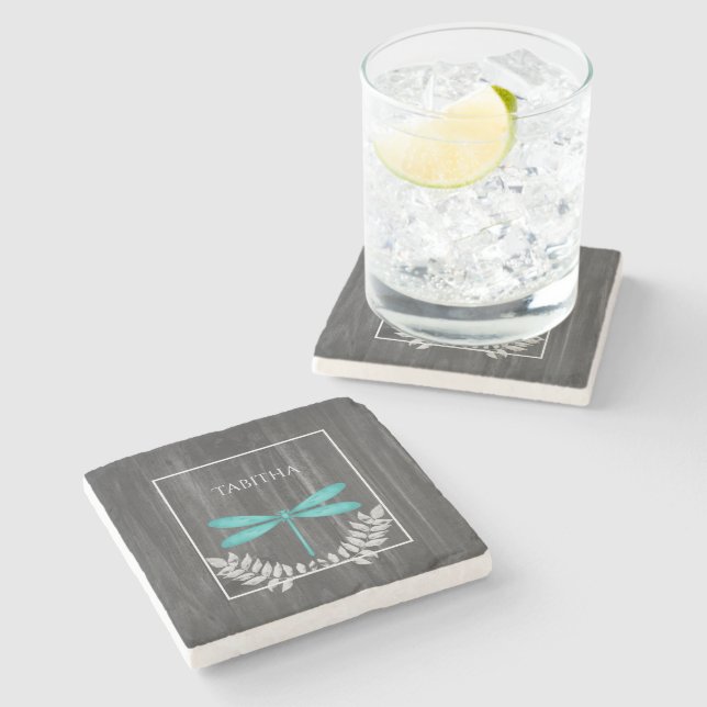 Teal Dragonfly Rustic Personalised Stone Coaster (Side)