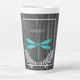 Teal Dragonfly Rustic Personalized Latte Mug