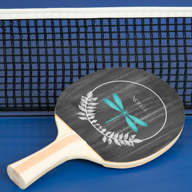 Teal Dragonfly Rustic Ping Pong Paddle (Insitu)