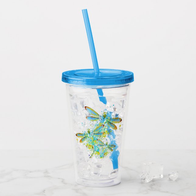 Teal Dragonfly splatter  Acrylic Tumbler (Front Ice)