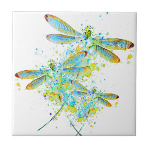 Teal Dragonfly splatter  Ceramic Tile