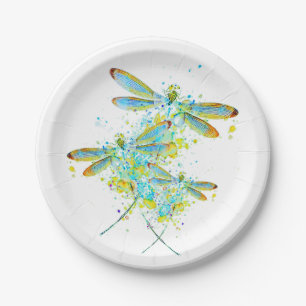 Teal Dragonfly splatter  Paper Plate