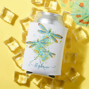 Teal Dragonfly splatter personalised Can Cooler