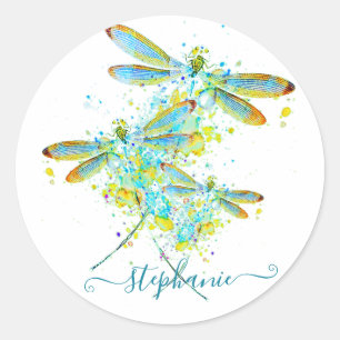 Teal Dragonfly splatter personalised  Classic Round Sticker
