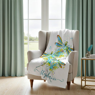 Teal Dragonfly splatter personalised  Fleece Blanket