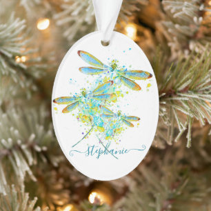 Teal Dragonfly splatter personalised  Ornament