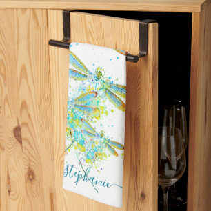 Teal Dragonfly splatter personalised  Tea Towel