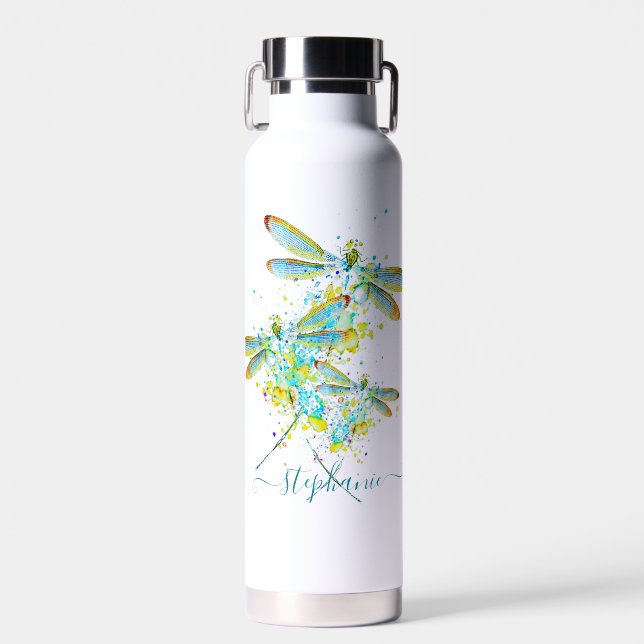 Teal Dragonfly splatter personalised  Water Bottle (Front)