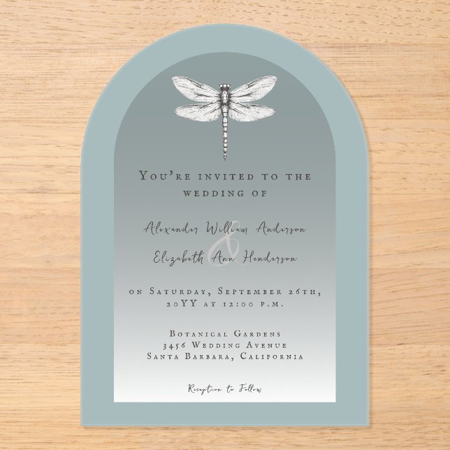 Teal Dragonfly Wedding Acrylic Invitations (Front)