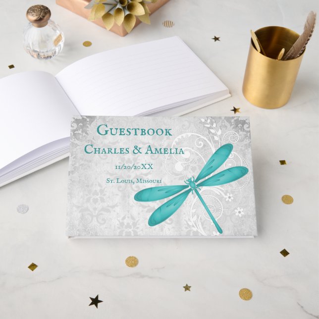 Teal Dragonfly Wedding Guestbook (Front Open)